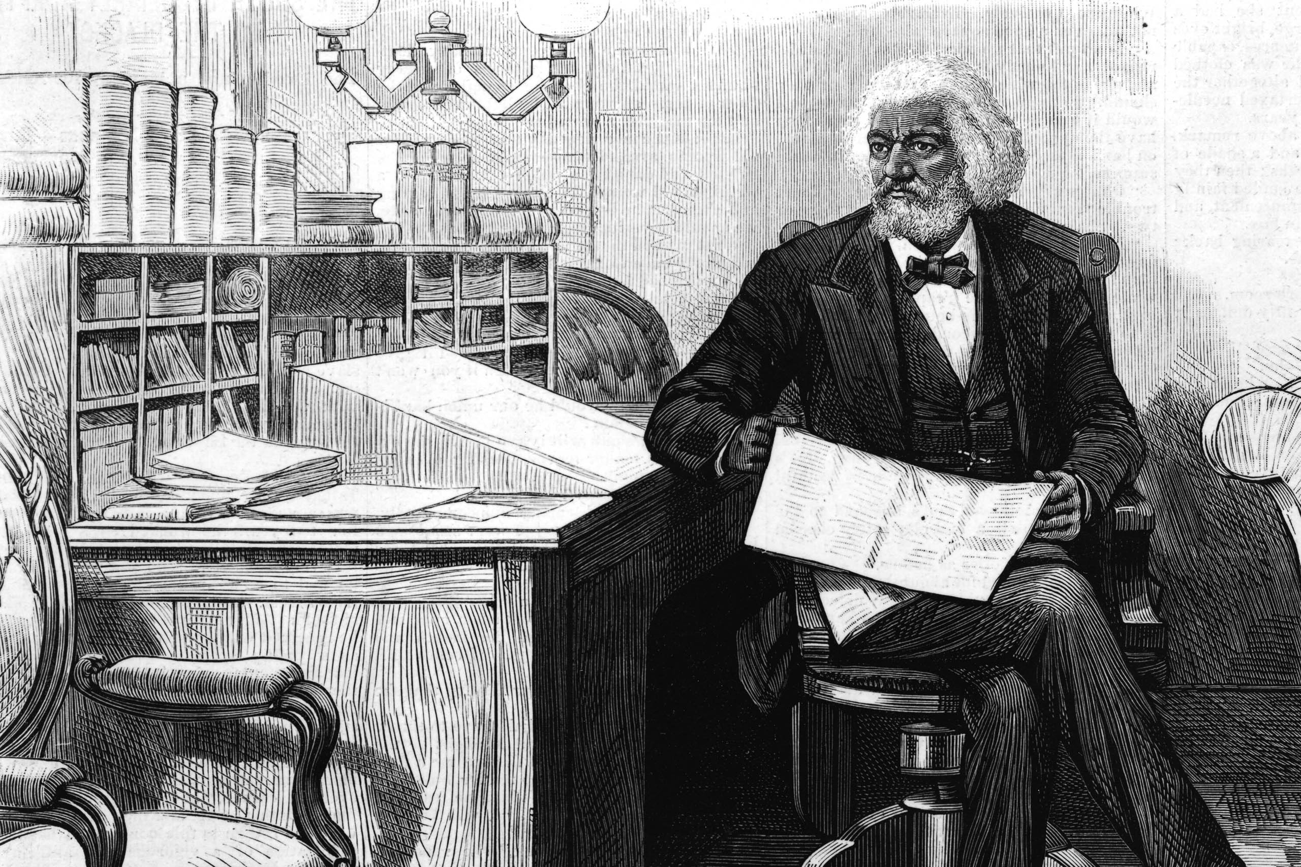 Historical Linocut depiction of Frederick Douglass holding his North Star newspaper