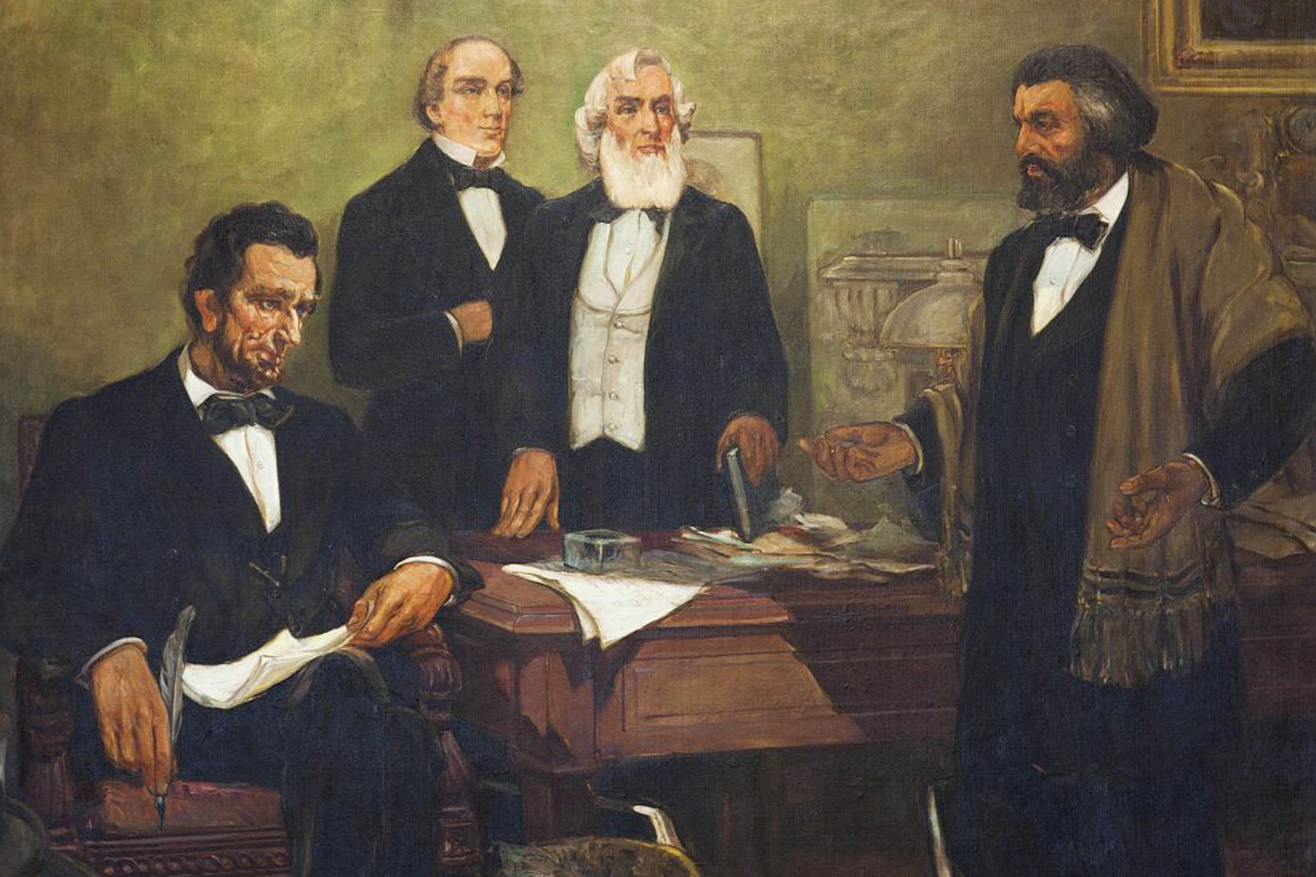 Historical depiction of Frederick Douglass meeting President Abraham Lincoln